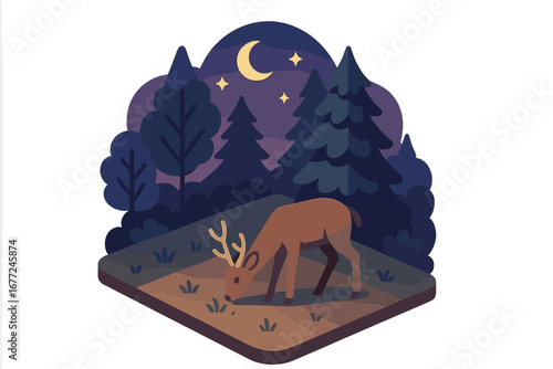 Isometric vector illustration of a deer grazing in a forest clearing at night. Flat design wildlife scene with a stag under the moon and stars in a magical twilight wood.