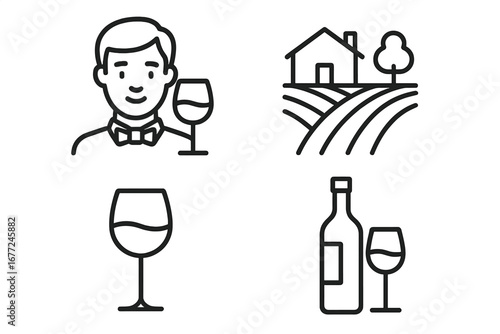 Wine tasting line icon set with sommelier, vineyard, wine glass, bottle, and farm outline collection, vector cartoon illustration with transparent background, ordered stylish icons