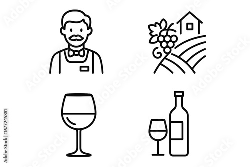 Wine Tasting Line Icon Set, Sommelier with Mustache, Vineyard Landscape, Wine Glass Outline, Bottle and Glass Collection, Vector Cartoon Illustration with Transparent Background
