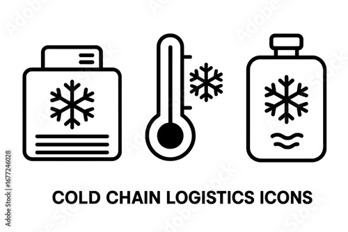 Cold chain logistics icon set for temperature controlled shipping. Vector symbols for refrigeration, freezer, cooler, thermometer, ice pack. Perishable food and medicine transport.
