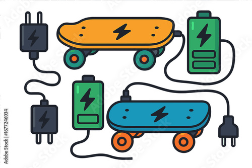 Electric skateboards charging from battery packs. E-board power bank and plug vector illustration. Urban mobility concept. Eco friendly transport icon set. Renewable energy.
