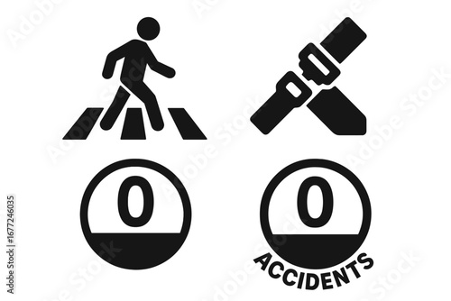 Zero Accidents Icon Set with Pedestrian Crosswalk, Seatbelt Safety, Speed Limit, Traffic Safety Symbols, Risk Prevention, Road Safety Vector Cartoon Illustration