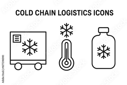 Cold chain supply logistics outline icons. Vector symbols for refrigerated delivery, temperature sensitive shipping, freezer truck, thermometer, frozen vaccine or food container.
