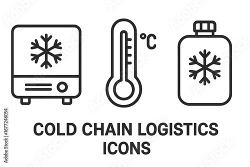 Cold chain logistics outline icon set. Vector symbols for temperature controlled shipping, supply chain management. Includes freezer, thermometer, ice pack. Frozen goods concept.
