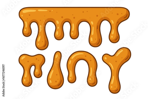 Caramel drip and drops vector set. Melted sweet syrup or honey sauce flowing down. Cartoon dessert topping border. Liquid splash and blob design elements for culinary concepts.