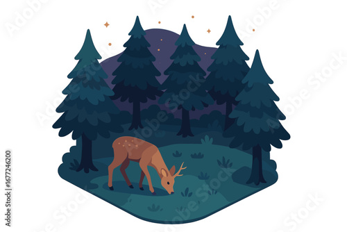 Cartoon deer grazing in an enchanting forest clearing at twilight. Vector illustration of wildlife in a magical pine woods landscape under a starry night sky. Flat design concept.