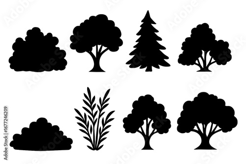Set of tree and shrub silhouettes. Black vector icons of plants for forest, park, or garden design. Decorative monochrome nature elements, including pine and deciduous trees.