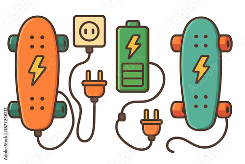 Electric skateboard charging concept. E-longboard with battery and plug. Eco friendly urban transport. E-mobility and green energy. Power socket. Vector illustration icon set.