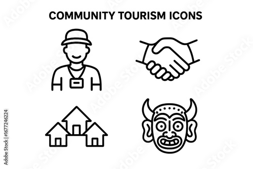 Community tourism vector icons. Outline icon set of community-based tourism, local guide, handshake, village homes, cultural dance mask. Responsible and sustainable travel concept.