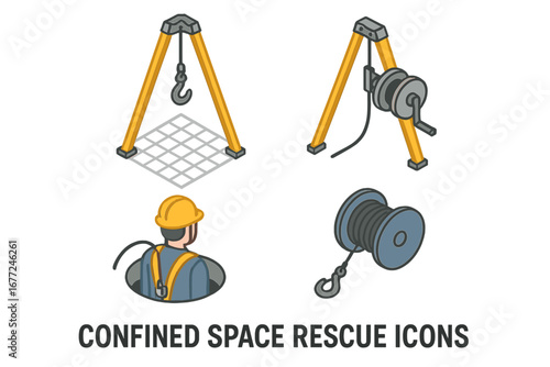 Isometric confined space rescue icons. Vector illustration of worker safety, tripod hoist, winch, and retrieval cable for manhole entry. Industrial emergency equipment set.