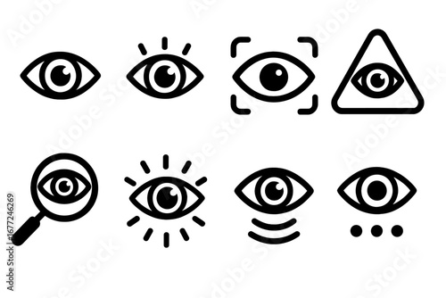 Collection of eye icons representing vision, observation, and attention. Minimalist vector symbols for looking, watching, security, surveillance, and search. All-seeing eye.