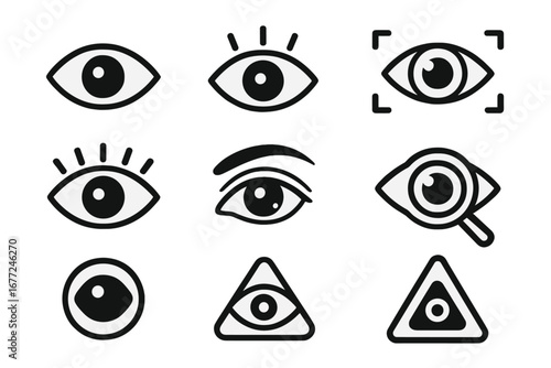 Set of eye icons representing vision, observation, and attention. Includes symbols for focus, search, security, and the all-seeing eye. Simple vector line art illustration.