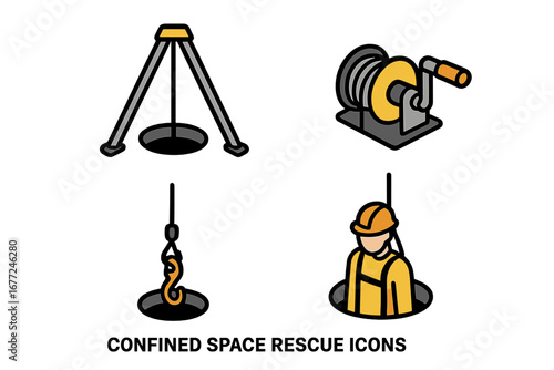 Confined space rescue icon set for safety procedures. Isometric flat vector graphic of emergency equipment: tripod hoist, winch, retrieval cable, and rescuer worker.