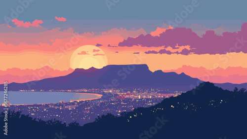 Table Mountain overlooking Cape Town at sunset with city lights below, South Africa