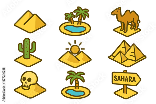 Desert and oasis isometric icon set. Sahara travel and adventure concept. Vector graphics collection with camel, pyramids of Egypt, cactus, palm tree, sun, skull, and sand dunes.