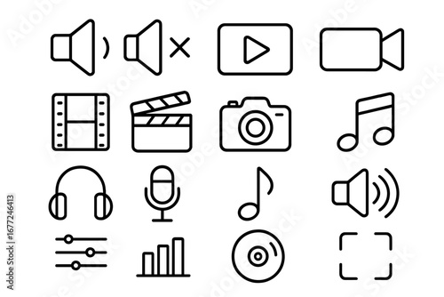 Media player line icon set. Audio and video production symbols. Music, sound, movie, and film elements. UI UX kit for web and app design. Editable stroke vector signs.