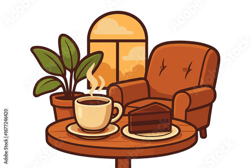 Cozy coffee break with chocolate cake. Vector cartoon illustration of a comfortable armchair, plant, and window. Relaxing afternoon scene for home comfort and lifestyle concepts.
