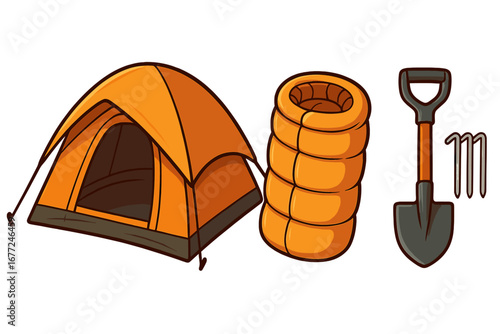 Essential camping gear set for outdoor adventure and tourism. Vector icon collection with tent, sleeping bag, shovel, and stakes for summer trips, hiking, and travel.
