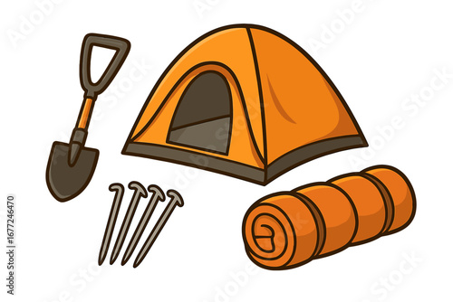 Camping gear set for outdoor adventure. Vector cartoon illustration of essential equipment including tent, sleeping bag, shovel, and stakes. Isolated hiking and travel icons.