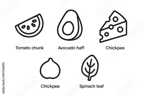 Dip and sauce ingredients outline icon set. Vector symbols of tomato, avocado, cheese, chickpea, spinach for cooking recipes, appetizer menus. Guacamole, salsa, hummus concept.