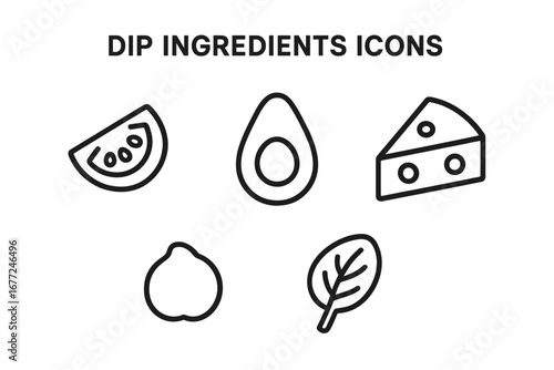Dip ingredients outline icon set. Food pictograms for salsa, guacamole, hummus. Vector line art symbols of tomato, avocado, cheese, chickpea, and spinach for recipes.