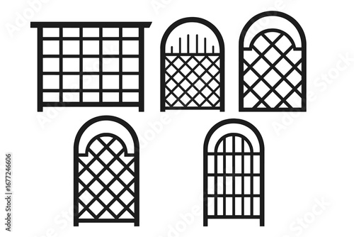 Set of diverse garden trellis and arch patterns for exterior design. Vector collection of wooden or metal lattice structures for climbing plants and garden decoration.