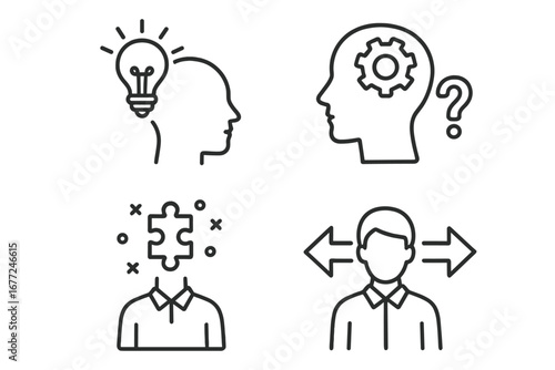 Business concept line icons. Innovation, problem solving, decision making, creative idea. Head with lightbulb, gear, puzzle piece. Psychology, strategy, solution vector set.