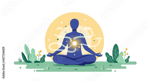 Mindful Meditation Yoga Vector: Serene Person in Lotus Pose with Inner Energy & Peace in Nature. Wellness, Spirituality, Zen Balance Illustration