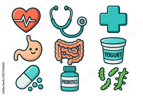 Health and digestion icon set. Gut flora, probiotics, and microbiome concept. Vector icons of stomach, intestine, yogurt, and supplements for medical and healthcare design.