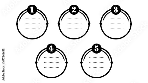 Numbered frame set featuring circular line art designs with horizontal rules. Frames are labeled with numbers 1 to 5, simple black and white style. Useful for lists, steps, infographics, and education