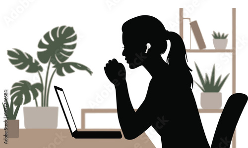 Stylized silhouette of person working at desk with laptop, earphones, bookshelf, and plants, symbolizing focus, comfort, and digital engagement
