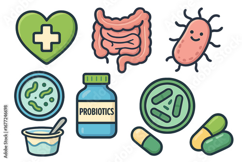 Collection of web icons for health, digestion, and probiotics. Gut flora, intestine, bacteria, yogurt and supplement pills. Medical and wellness concept for infographics.