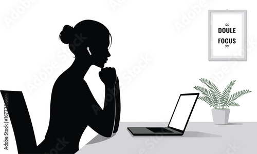 Black and white illustration of focused person at desk with laptop and plant, conveying concentration, productivity, and modern workspace