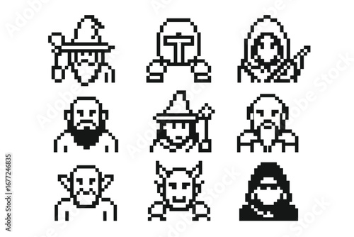 Fantasy character icon set in retro 8-bit pixel art style. RPG video game avatars collection. Vector outline wizard, knight, dwarf, orc, demon. Magical game assets.