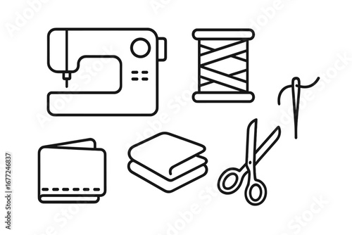 Sewing outline icon set. Tailoring and needlework supplies. Sewing machine, thread spool, fabric, needle, scissors. Handmade craft, DIY hobby, dressmaking concept icons.