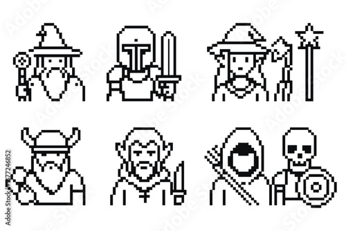 Set of pixel art fantasy RPG characters. Retro 8-bit game avatars of wizard, knight, elf, dwarf, skeleton warrior, archer. Outline vector sprites for role-playing games.