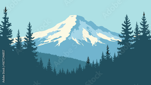 Mount Shasta surrounded by pine forests and clear skies, California, USA