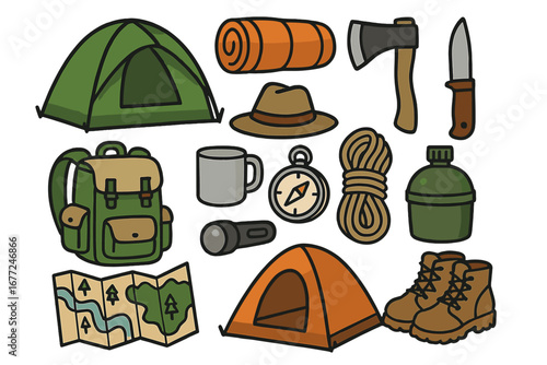 Camping and hiking equipment set. Outdoor adventure gear collection with tent, backpack, map, compass, boots. Wilderness survival tools vector illustration cartoon icon pack.