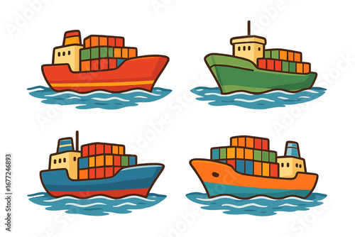 Set of colorful cargo ships with containers. Vector cartoon illustration for maritime trade, global logistics, and freight shipping. Sea transport and commercial vessel collection.