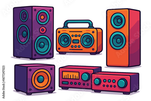 Audio equipment vector set. Colorful speakers, boombox, amplifier, and stereo. Modern cartoon sound system illustration for music, dj, festival, and concert concepts.