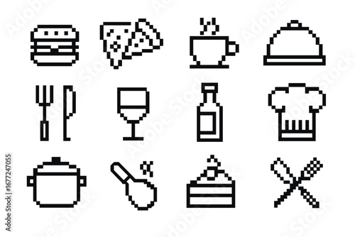 Food and dining pixel art icons set. 8-bit retro gaming style vector graphics. Includes burger, pizza, coffee, cake, and chef hat. Culinary and kitchen restaurant symbols.