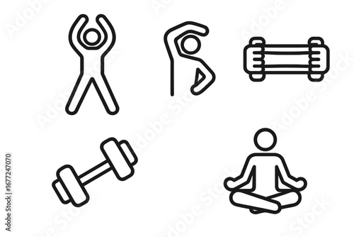Fitness and workout outline icon set. Vector symbols for jumping jacks, stretching, resistance band, dumbbell, and yoga meditation. Health, sport, wellness, and activity concepts.