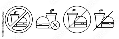 No food or drink allowed sign. No eating or drinking sign. No outside food or drink allowed logo, label, badge, sticker, symbol, stamp, banner, circle, black, line, flat vector, isolated illustration.
