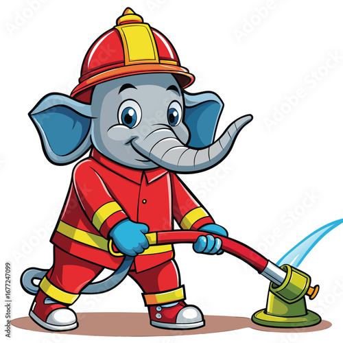 cartoon elephant wears a firefighter outfit and sprays water bravely, fighting a fire