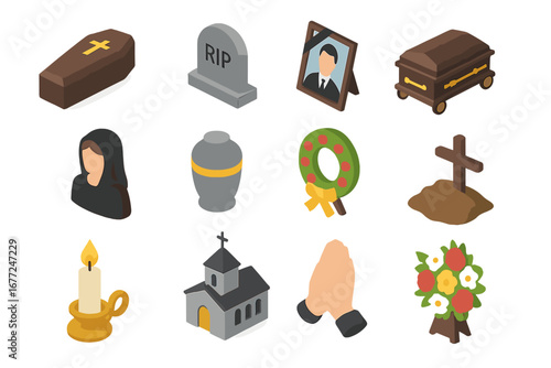 Funeral and memorial service isometric icon set. 3D vector symbols for death, ceremony, grief, and remembrance. Includes coffin, urn, tombstone, grave, and church icons.