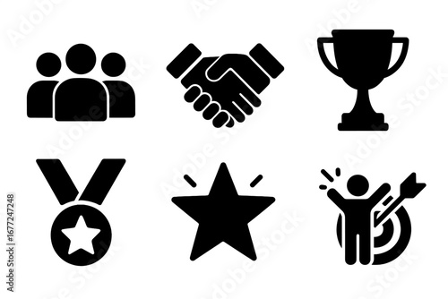 Team success and business achievement icon set. Vector symbols for goal, partnership, and victory. Collection of corporate glyphs including trophy, medal, and handshake.