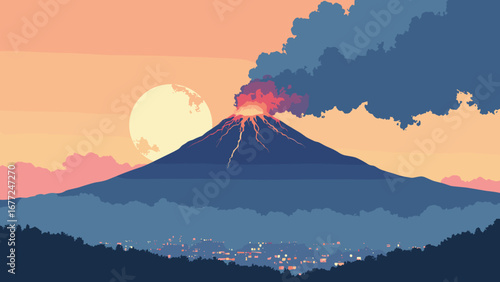 The volcanic Mount Vesuvius looming over Naples with dramatic clouds, Italy
