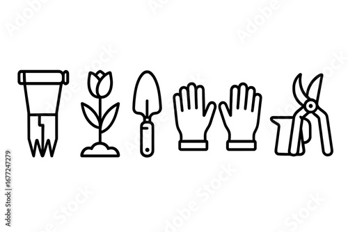 Gardening tool outline icon set. Includes bulb planter, hand trowel, garden gloves, and pruning shears for planting. Vector graphic for horticulture, hobby, and spring work.
