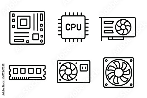 Computer hardware line icon set. PC components outline collection. Motherboard, CPU, GPU, RAM, power supply, fan cooler. Tech pictogram symbol. Vector minimalist graphic.