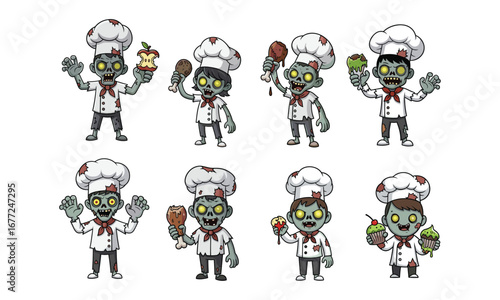 Zombie chef cartoon, undead kitchen team, horror cooking, scary food, vector illustration, monster chef, bloodstained hat, creepy character, culinary undead, Halloween theme